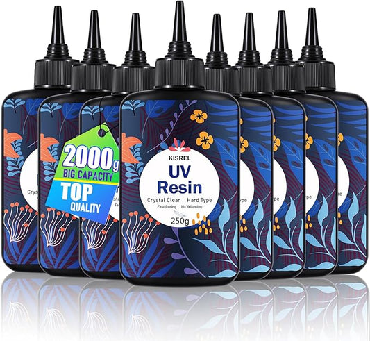 KISREL UV Resin 2000g，8 x 250g UV Resin Kit, Hard Type Crystal Clear Ultraviolet Curing UV Epoxy Resin for Craft Jewelry Making