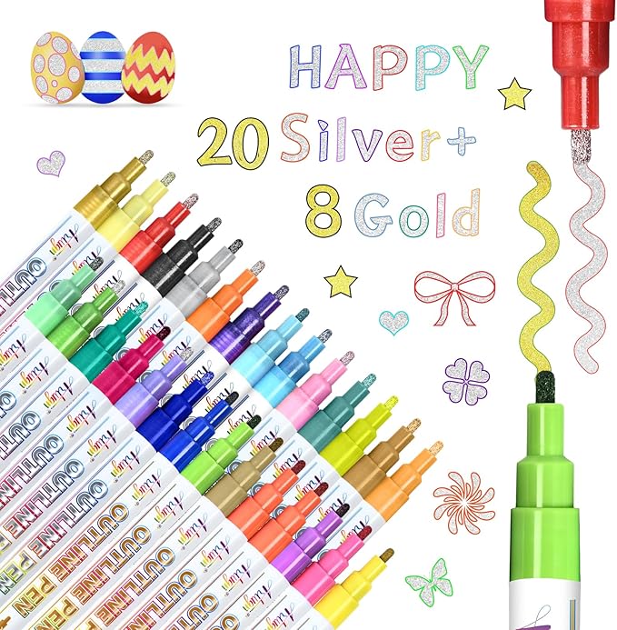 Artugn Glitter Markers Outline Pens, Christmas Stocking Stuffers 12-16 Year Old, 28 Pack Gold and Silver Shimmer Metallic Marker Arts Crafts Supplies for Birthday Gifts