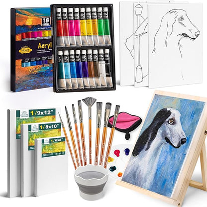 Inburit Paint Set for Adults & Kids, Painting Supplies Kit with 18 Acrylic Paints(22ml), Easel, Stretched Canvases, Brushes, Palette,Etc. Deluxe Art Paint Set for Student and Artist