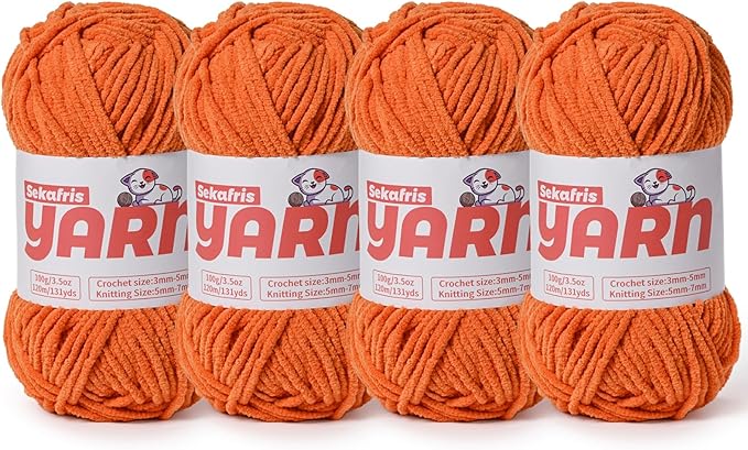 4 Pack Plush Chunky Chenille Yarn for Crocheting, Soft Fluffy Velvet Yarn for Crocheting Amigurumi, Fuzzy Baby Blanket Knitting 400g/524yds Bulky(4 Orange)