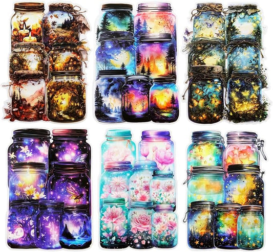 Miyouluna 120 Pcs Bottle World PET Stickers, 60 Jar-Themed Designs with Butterflies, Flowers, Starry Sky and Forest Lights, Waterproof Decorative Stickers for Journaling, Scrapbooking and DIY Crafts