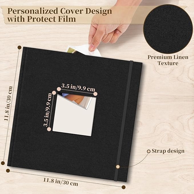 Vienrose Scrapbook Album 12" x 12", Large Linen Photo Album with Writing Space, DIY Scrapbook Supplies for Wedding, Baby, Family Memories & Travel (50 sheets / 100 pages, Black)
