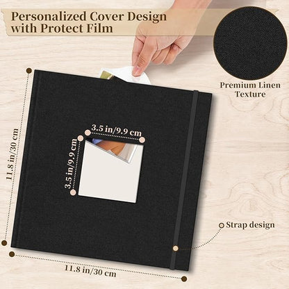 Vienrose Scrapbook Album 12" x 12", Large Linen Photo Album with Writing Space, DIY Scrapbook Supplies for Wedding, Baby, Family Memories & Travel (50 sheets / 100 pages, Black)