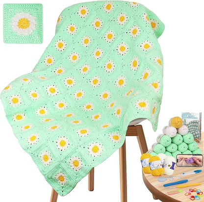 Coopay Crochet Blanket Kit for Beginners, All-in-One Granny Square Blanket Kit with Step-by-Step Video & Enough Yarns - Master Granny Square Crocheting Easily, Ideal Gift for Craft Lovers (Aqua Green)