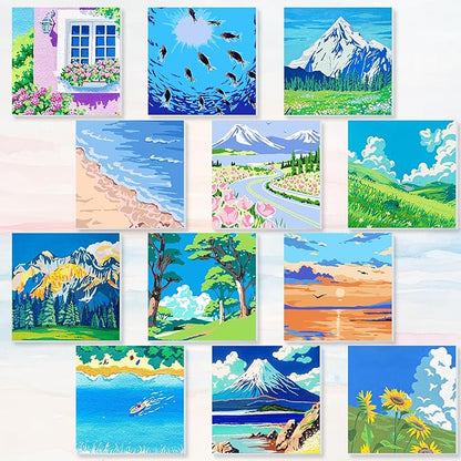 Nezyo 12 Sets Paint by Numbers Kit with Frame for Adult Beginners, Paint by Number DIY Acrylic Painting Canvas for Painting Party, Classroom Activity Birthday Gift, 8 x 8 Inch(Scenery)