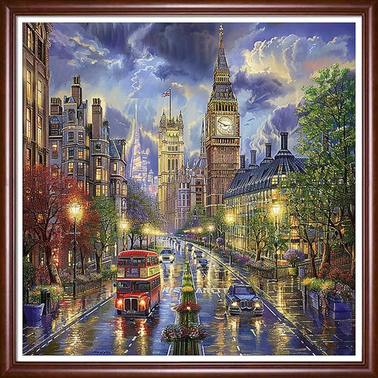 Redxing Stamped Cross Stitch Kits Full Range of Embroidery Starter Kits- Needlepoint Counted Cross Stitch Kits for Beginner Adults 11CT Printed Embroidery Kit-New York Street Scene 18x18 inchs