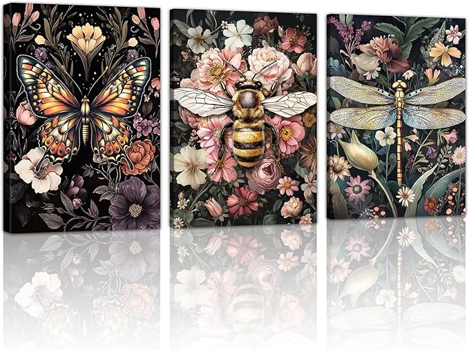 WENGTIAO 3Pcs Vintage Insect Canvas Wall Art Gothic Dark Flower Prints Bee Butterfly Dragonfly Pictures Nature Plant Paintings Artwork for Living Room Bathroom Bedroom 16x24x3