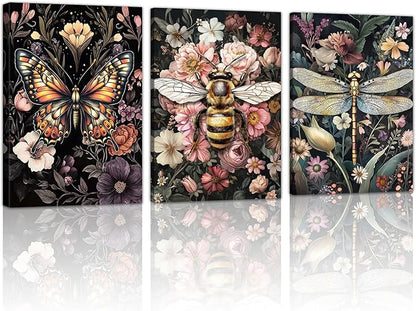 WENGTIAO 3Pcs Vintage Insect Canvas Wall Art Gothic Dark Flower Prints Bee Butterfly Dragonfly Pictures Nature Plant Paintings Artwork for Living Room Bathroom Bedroom 20x28x3