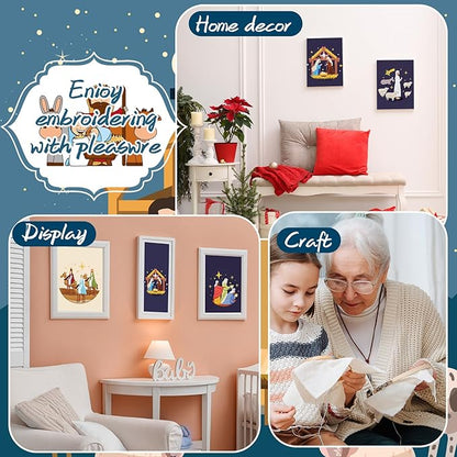 Riceshoot 8 Set Nativity Scene Christmas Embroidery Kits for Beginners Adults Christmas Cross Stitch Needlepoint Ornament Christian DIY Kits with Patterns Hoops Threads Needles Ropes Scissors