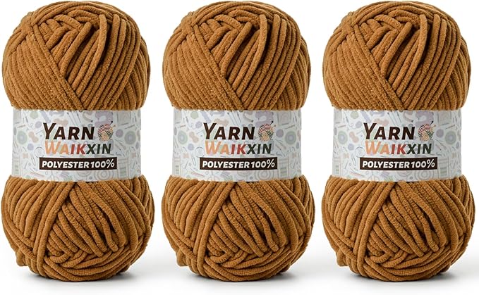 3 Pack Soft Chenille Yarn for Crocheting, Fluffy Chunky Crochet Yarn for Baby Blanket, (5.29oz/196.8yds) Fuzzy Velvet Yarn for Amigurumi&DIY Puzzle、Crafts、Scarf(3 Light Tan)