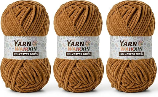3 Pack Soft Chenille Yarn for Crocheting, Fluffy Chunky Crochet Yarn for Baby Blanket, (5.29oz/196.8yds) Fuzzy Velvet Yarn for Amigurumi&DIY Puzzle、Crafts、Scarf(3 Light Tan)