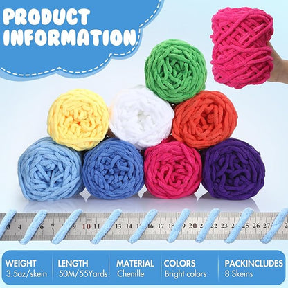 Buryeah 8 Pack Chunky Chenille Yarn for Crocheting Soft Thick Fluffy Yarn for Hand Knitting Bulky Velvet Blanket Plush for Weaving DIY Crafts Each 3.5 oz 55 Yards (Bright Colors)