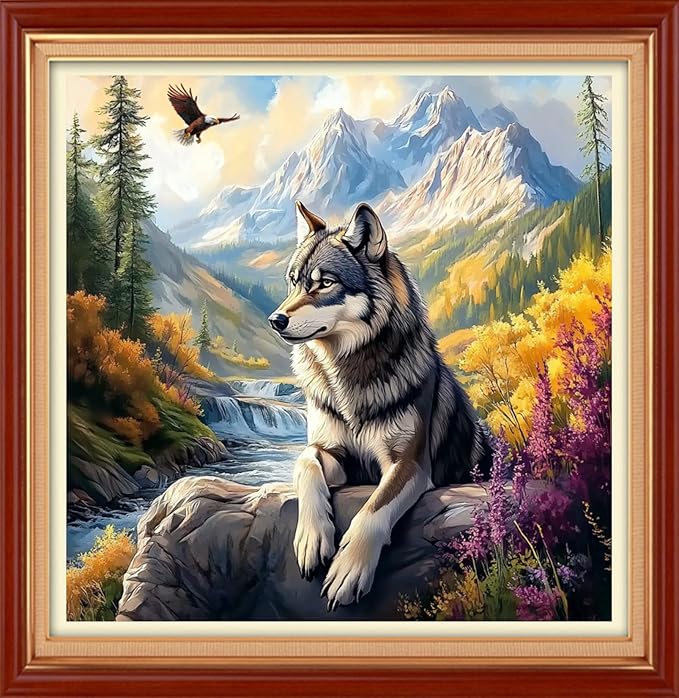 Foxhool Stamped Cross Stitch Kits,11CT Printed Cross Stitch Pattern Full Embroidery Kits for Beginner Needlepoint Kits& Forest Wolf King 18x18 inch