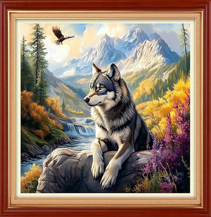 Foxhool Stamped Cross Stitch Kits,11CT Printed Cross Stitch Pattern Full Embroidery Kits for Beginner Needlepoint Kits& Forest Wolf King 18x18 inch