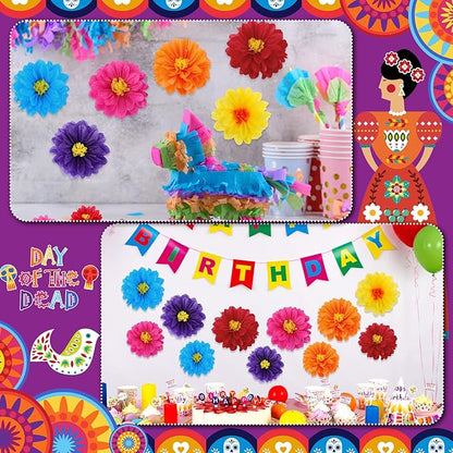 Geyee 108 Pcs Mexican Paper Flowers Colorful Fiesta Tissue Paper Flowers Pom Poms Mexican Carnival for Floral Party Backdrop Wedding Birthday Party Craft (6" 8" 10")