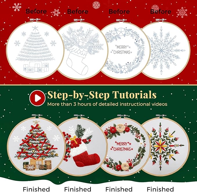 CYANFOUR 4 Pack Christmas Embroidery Kit for Beginners, with Step-by-Step Instructions and Clear Videos, Includes Multiple Accessories, Gift for Craft Lovers.