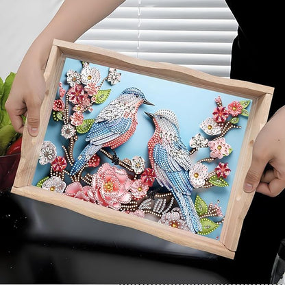 DIY Diamond Art Wooden Tray Kit, Food Tray with Handle Diamond Painted Table Decoration Tray, for Breakfast, Bar Dinner Table Diamond Dots Gem Painting Art Set for Beginners-#40-Bird Flower