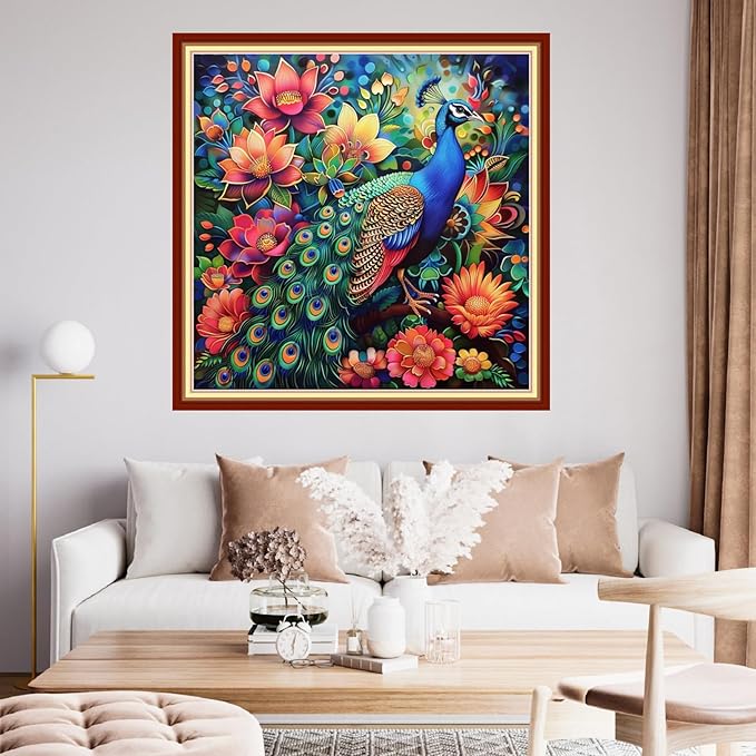 Funchey Stamped Cross Stitch Kits, DIY Cross Stitch Pattern for Adults Beginners Needlepoint Kits Embroidery Kit Arts and Crafts 11CT&Peacock Flower 18x18 inchs