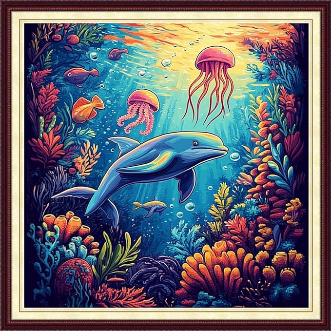 DMCCRAFT Stamped Cross Stitch Kits for Adults 11CT Printed Cross-Stitch Patterns Embroidery Kits Easy Cross Stitching Needlepoint Kits&Dolphin Underwater World 18x18 inch