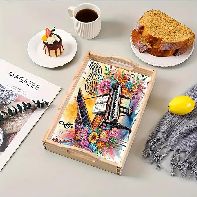 DoxQcs DIY Diamond Art Wooden Tray Kit Easter Food Tray with Handle Diamond Painted Table Decoration Tray for Breakfast Bar Dinner Table Diamond Art Painting for Beginners-#04-Piano