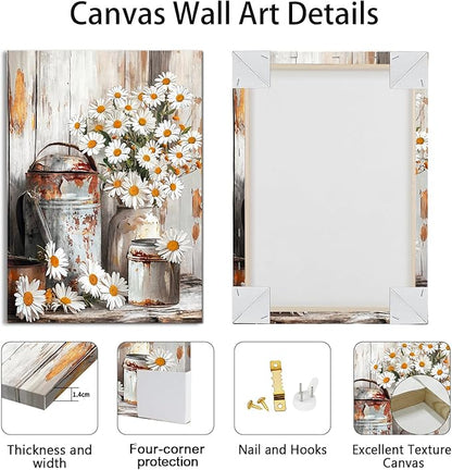 WENGTIAO 3Pcs Rustic Daisy Canvas Wall Art Fall Flower Prints Posters Vintage Country Flora Paintings Pictures Nature Botanical Artwork for Bedroom Living Room Bathroom 16x24x3