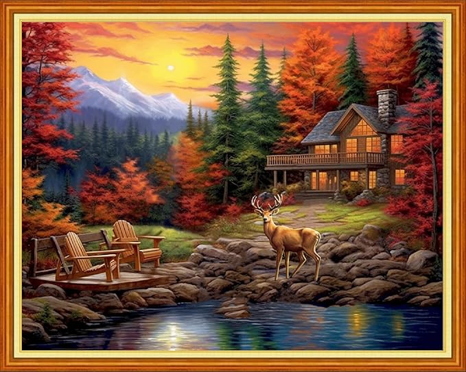 Foxdiviy Stamped Cross Stitch Kits Full Range of Embroidery Needlework Starter Kits for Beginners Adults 11CT Embroidery Patterns Art Crafts DIY Needlepoint Kits-Golden Autumn Scenery 16x20 inch