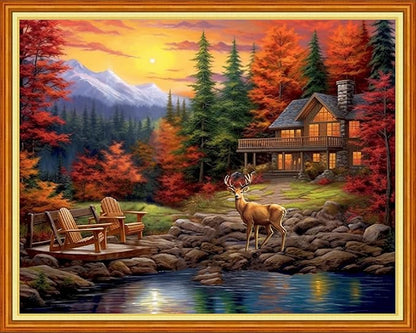 Foxdiviy Stamped Cross Stitch Kits Full Range of Embroidery Needlework Starter Kits for Beginners Adults 11CT Embroidery Patterns Art Crafts DIY Needlepoint Kits-Golden Autumn Scenery 16x20 inch