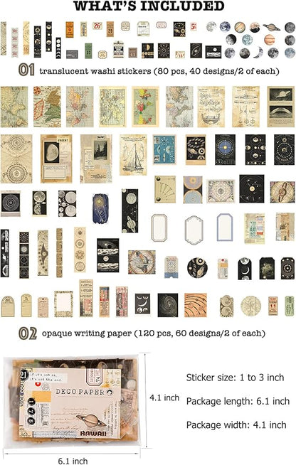Knaid Vintage Scrapbook Supplies Pack (200 Pieces) for Witchy Junk Journal Bullet Journals Planners Space Moon Paper Stickers Craft Kits Collage (Celestial)