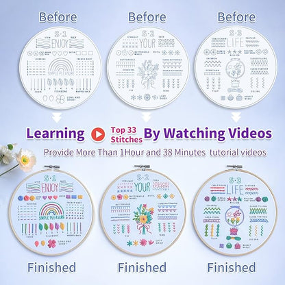 ETSPIL 3 Pack Embroidery Kit for Beginners and Adults,Learn 33 Stitches with DIY Stamped Flower Patterns – Includes Hoop, Color Threads, Tools, and Step-by-Step Instructions with Video Tutorials