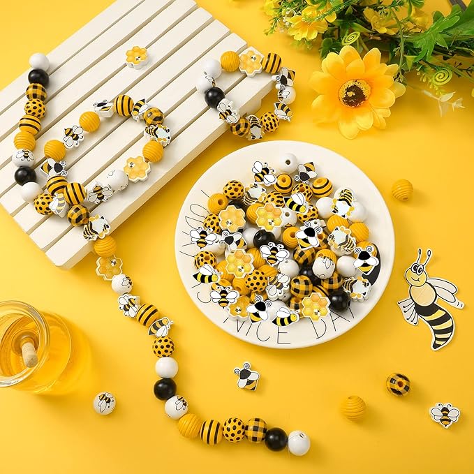 200 Pieces Bee Wood Beads Colorful Painted Spring Loose Decorative Craft Kits Polished Bee Wood Round Rustic Beads with Rope for DIY Garland Making Party Decor