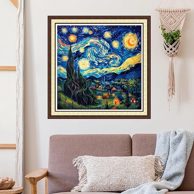 Stamped Cross Stitch Kits for Beginners Full Range of Cross Stitching 11 CT Printed Cross Stitch Kit for Adults Cross-Stitch Patterns Needlepoint Kits-Van Gogh Starry Sky Countryside 18x18 inch