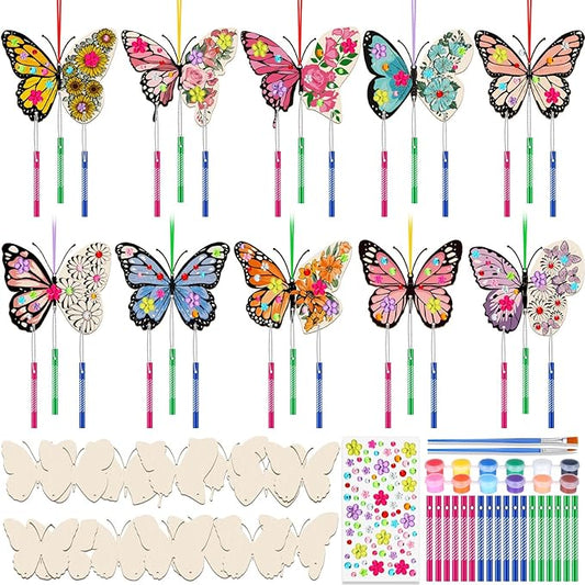 Colingmill 30 Pack Wind Chime Kit Make You Own Crafts Wind Chimes Outdoors Decorative DIY Coloring Wooden Crafts for Gift Art Room Birthday Party Favors(Butterfly Style)