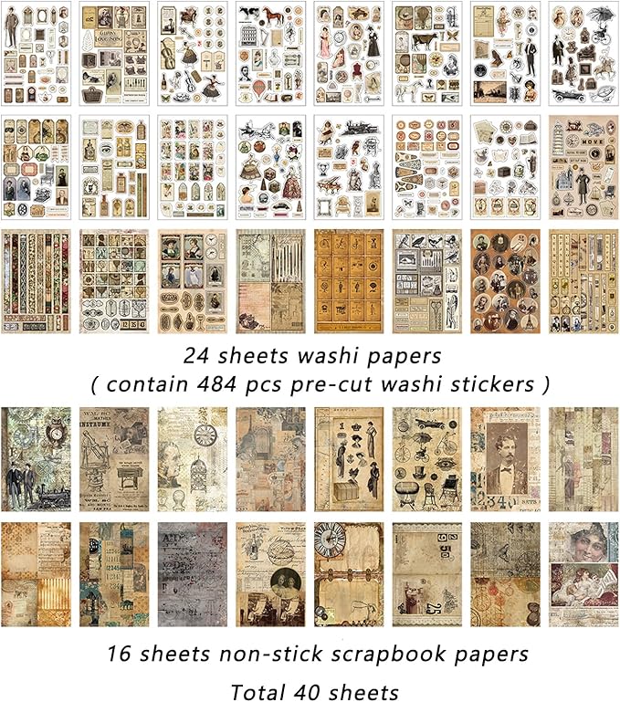 Prstincol Vintage Aesthetic Washi Stickers and Papers for Scrapbooking, 40 Sheets Ephemera Book for Art Journaling with Retro Nostalgic Theme Stickers and Decoupage Papers for Junk Journal