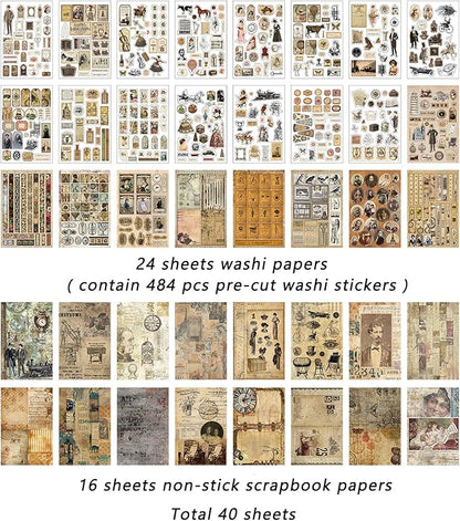 Prstincol Vintage Aesthetic Washi Stickers and Papers for Scrapbooking, 40 Sheets Ephemera Book for Art Journaling with Retro Nostalgic Theme Stickers and Decoupage Papers for Junk Journal