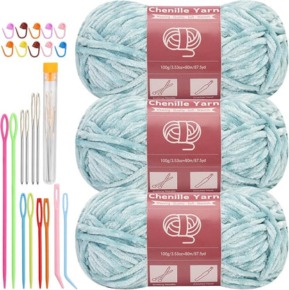 LUNARM Chenille Yarn for Crocheting Knitting, 3 Skein 263 Yard Thick Soft Chunky Fluffy Weaving Plush Yarn for Blankets Clothes Pattern Creations with Big Eye Needles (Light Green)