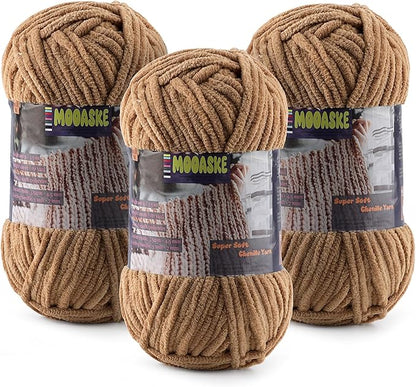 Baby Blanket Yarn for Crocheting - Soft Velvet Fluffy Chenille Yarn for Knitting Amigurumi Making Scarves, Doll - 100g/3.5oz 131 Yards Thick Plush Yarns (3, Coffee Brown)