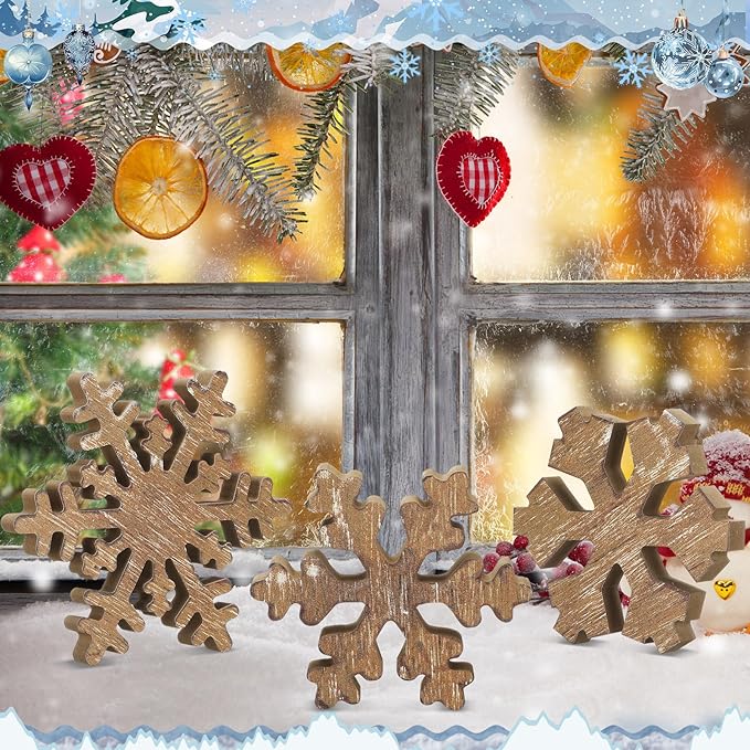 Bucherry 3 Pcs Winter Wooden Snowflake Decor Rustic Winter Snowflake Table Signs Wonderland Wood Blocks Farmhouse Christmas Tiered Tray Decorations for Xmas Table Shelf(Wood Colors)
