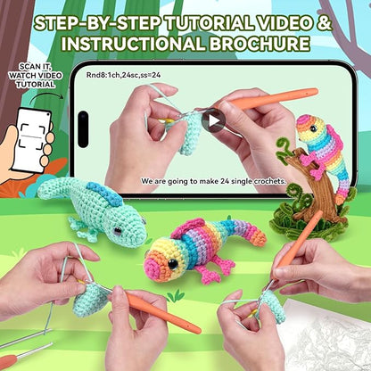 MOREJMTT Crochet Kit for Beginners, Crochet Animal Kits, Crocheting Kit for Starters, Learn to Crochet with Step-by-Step Video Tutorials, Beginner Crochet Kit for Adults(Chameleons)