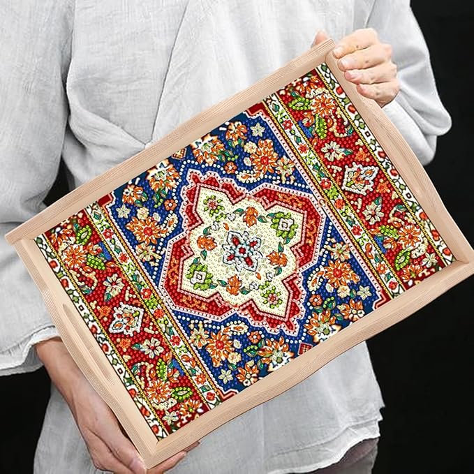 DOTSOPS 5D Diamond Art Kits for Adults Wooden Serving Tray with Handle Special Diamond Painting Plate Big Gem Dots Paint by Numbers Crafts Kits for Living Room Mandala 7.8x11.8 Inches