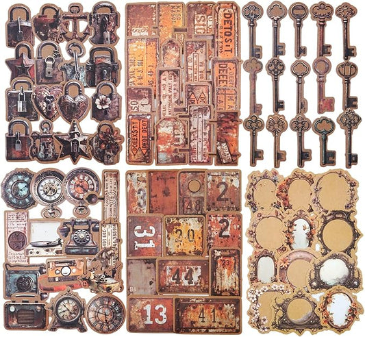 AuriicLeaf Vintage Kraft Paper Sticker Set, 96PCS Retro Scrapbook Supplies for Journaling and Crafts, Includes Keys, Padlocks, Signs, Labels, Frames, Number Plates