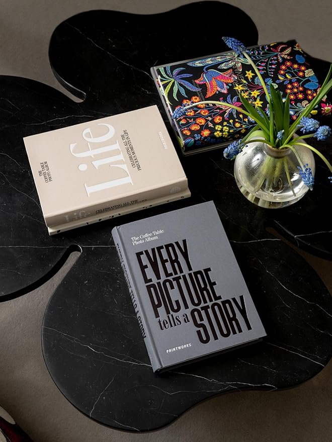 Printworks Photo Book – Every Picture Tells a Story – Expandable Hardcover Album with 80 Pages – Fits 160 Horizontal 11x15 cm Photos – Stylish Bookshelf – Dark Grey Cloth Cover