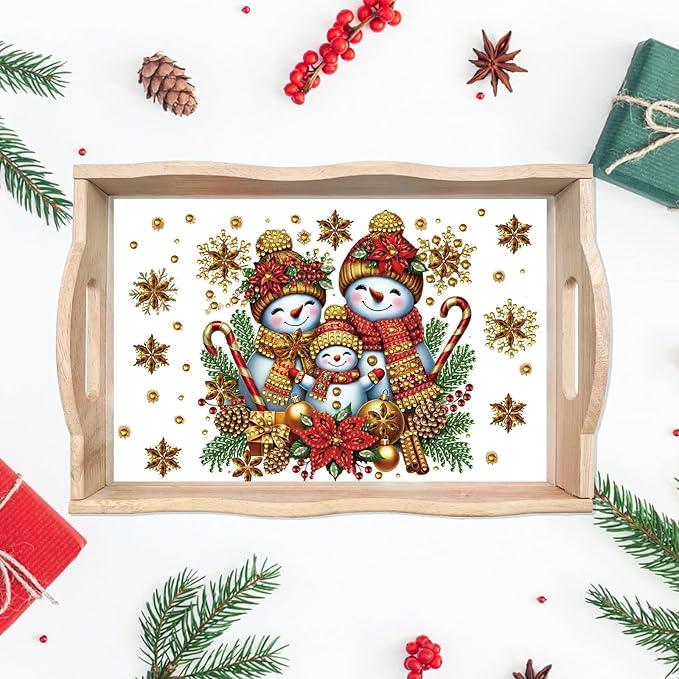 DIY Diamond Art Painting Wooden Tray Kit, Food Tray with Handle Diamond Painted Table Decoration Tray, for Breakfast, Bar Dinner Table Diamond Dots Gem Painting Art Set for Beginners-Snowman4
