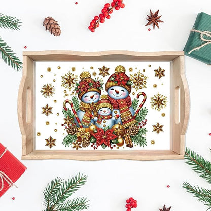 DIY Diamond Art Painting Wooden Tray Kit, Food Tray with Handle Diamond Painted Table Decoration Tray, for Breakfast, Bar Dinner Table Diamond Dots Gem Painting Art Set for Beginners-Snowman4