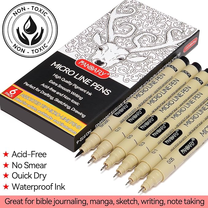 PANDAFLY Black Fineliners Pens, 6 Size Ultra Fine Point Pen, Waterproof Archival Ink, Black Art Pen for Drawing, Micro Pens for Drawing, Sketching, Bible, Watercolor, Artist Illustration, Anime, Manga