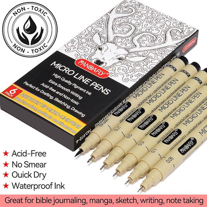 PANDAFLY Black Fineliners Pens, 6 Size Ultra Fine Point Pen, Waterproof Archival Ink, Black Art Pen for Drawing, Micro Pens for Drawing, Sketching, Bible, Watercolor, Artist Illustration, Anime, Manga