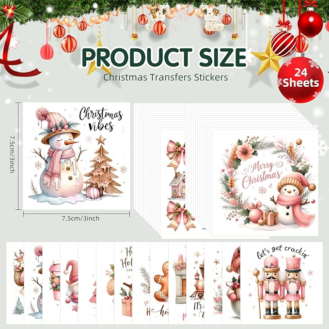 24 Sheets Vintage Christmas Rub On Transfers for Crafts, Rub On Transfers Christmas for Wood，Furniture Decals, Glass, Porcelain, Leather, Canvas, Fabric Projects,3 * 3inch