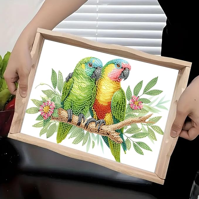 DoxQcs DIY Diamond Art Wooden Tray Kit Easter Food Tray with Handle Diamond Painted Table Decoration Tray for Breakfast Bar Dinner Table Diamond Art Painting for Beginners-Parrot