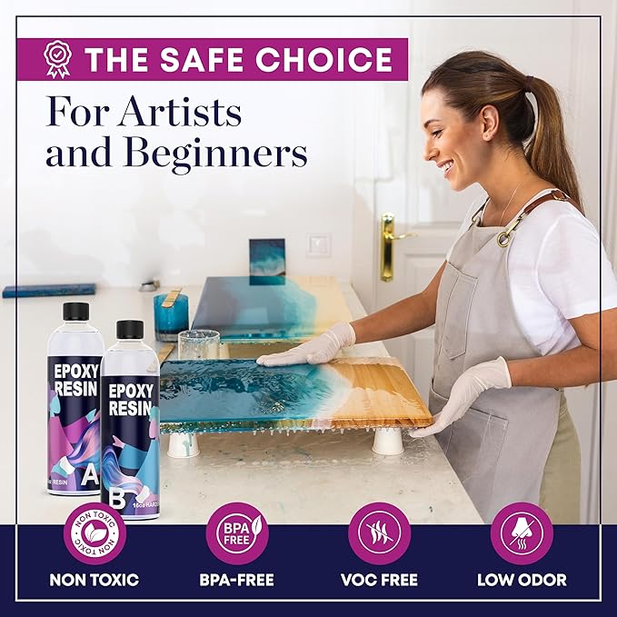 Epoxy Resin Craft Kit 32 Oz - Clear, Non-Toxic, UV Resistant, High Gloss, Odor-Free - Includes 16 Oz Resin & Hardener - Ideal for Art & Craft Projects