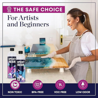 Epoxy Resin Craft Kit 32 Oz - Clear, Non-Toxic, UV Resistant, High Gloss, Odor-Free - Includes 16 Oz Resin & Hardener - Ideal for Art & Craft Projects