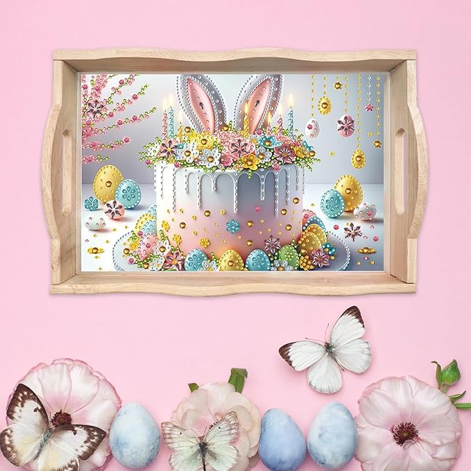 DIY Diamond Art Wooden Tray Kit, Food Tray with Handle Diamond Painted Table Decoration Tray, for Breakfast, Bar Dinner Table Diamond Dots Gem Painting Art Set for Beginners-#42-Easter Cake
